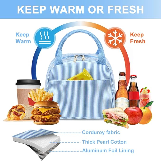 LEDAOU Lunch Box for Women Insulated Lunch Bag Corduroy Lunch Tote Bags Leakproof Cooler Lunch Case for Travel Work Picnic (K-Stripes-Blue)