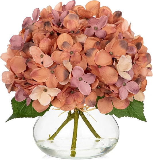Hollyone Fall Hydrangea Artificial Flowers for Decoration with Glass Vase Dark Peach Autumn Silk Fake Flower Arrangements with Faux Water Table Centerpiece Vase with Flowers Fall Decorations for Home