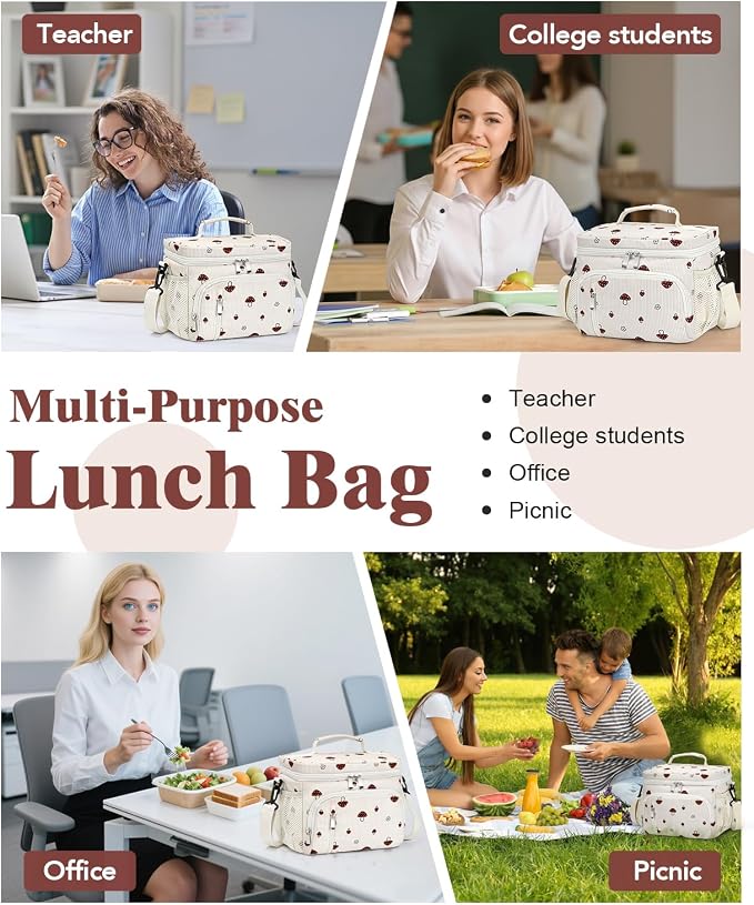 Insulated Lunch Bag for Men & Women, 9L Leakproof Lunch Box Soft Cooler Tote with 5 Pockets, 600D Oxford, EVA Lining, Adjustable Strap for Work, Picnic, Beach&Travel-Corduroy Mushroom