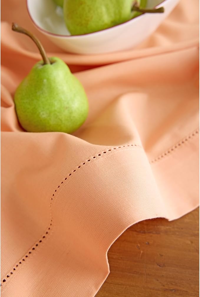 Solino Home Cotton Linen Table Runner 90 Inches Long - Hemstitch Peach Bloom Dining Table Runner 14 x 90 Inch for Spring, Summer