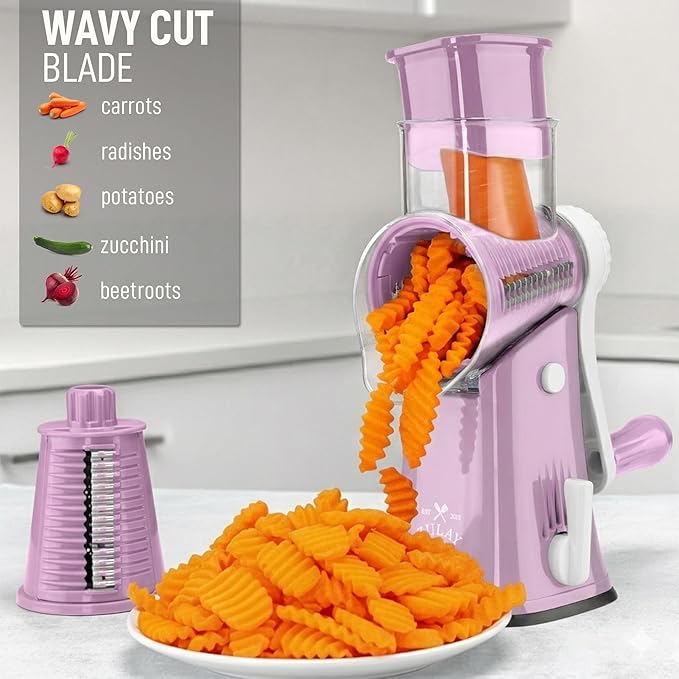 Zulay Kitchen Rotary Cheese Grater 5 Blade Cheese Shredder - Manual Hand Crank Cheese Grater With Reinforced Suction & 5 Interchangeable Drums - Easy to Use, Vegetable Chopper Round Mandoline Slicer