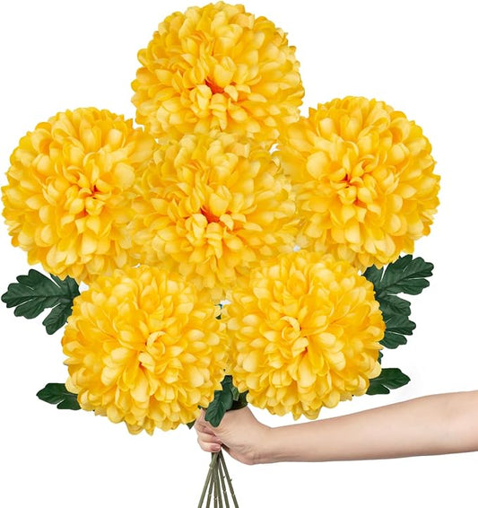 Briful [6PCS Autumn Artificial Chrysanthemum Flowers – 25.6” Long Stem Faux Silk Flowers with Large 6” Bloom Heads, Realistic Plastic Leaves – for Home Wedding Party Office Fall Decor (Yellow)