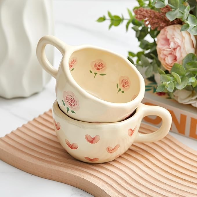 Vesici 2 Pcs Ceramic Coffee Mugs with Spoon, Vintage Floral Spring Mugs with Handle, 8.5 oz Aesthetic Flower Porcelain Tea Cup Set, Dishwasher & Microwave Safe Mothers Day Gifts for Mom(Heart,Rose)
