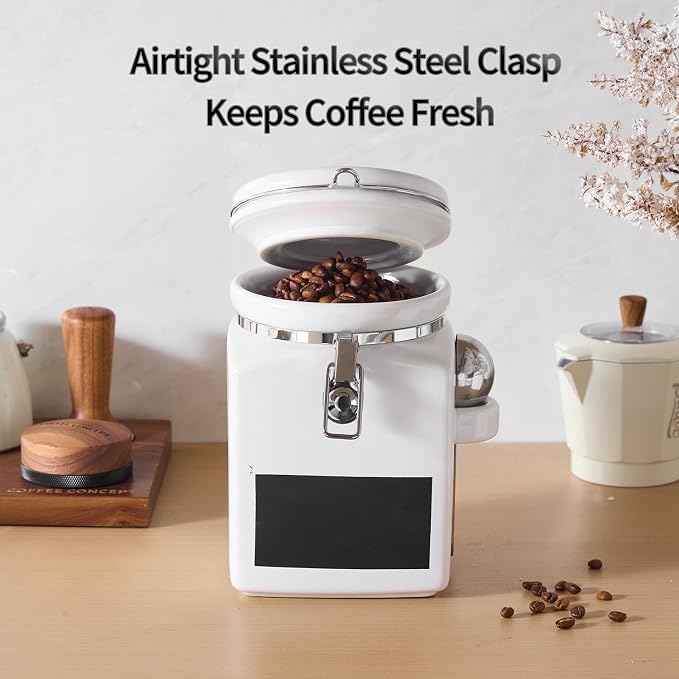 Ceramic Coffee Canister with Airtight Lid and Scoop, Extra Large 148 Fl Oz / 4.4 L Kitchen Food Storage Container Jar for Grounds Coffee, Beans, Tea, Sugar, Flour, Cereal, Nuts, Cookie, White
