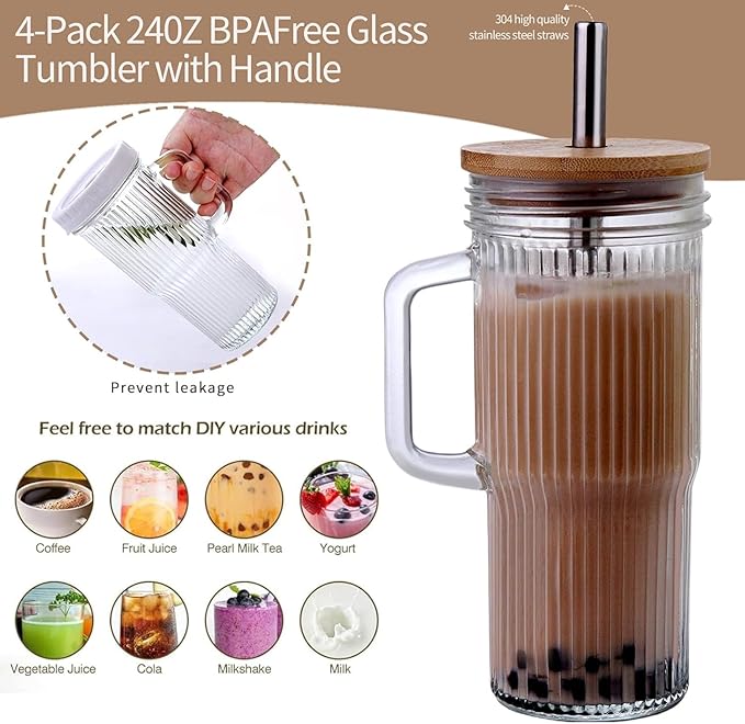 Ribbed Glass Cups with Bamboo Lids and Straws, Iced Coffee Tumbler with Handle, Mason Jar with Lid 24oz - Wide Mouth Drinking Glasses, Boba Cup Smoothie Tumbler Iced Coffee Cups, 2pack (Retro)