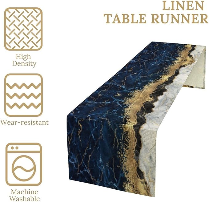 Marble Table Runner, Abstract Navy Blue and Gold Modern Luxury Texture Printed Linen Table Runners for Living Room Farm Kitchen Dining Room Party Holiday Home Decor 13" W x 36" L