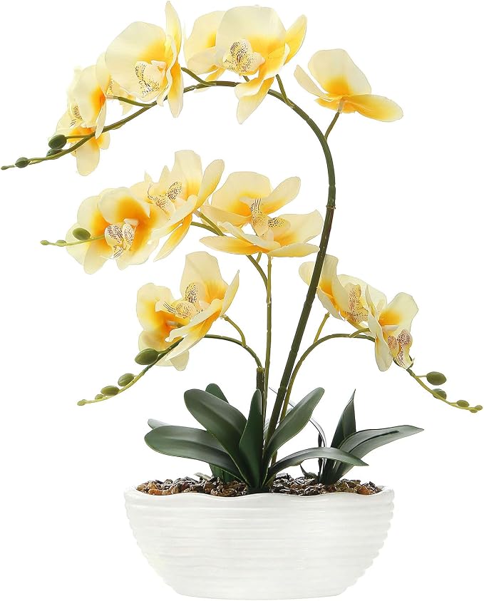 19" H Phalaenopsis Faux Orchid Plant Silk Orchid Centerpiece Artificial Floral Arrangement in Ceramic Pot (Yellow)