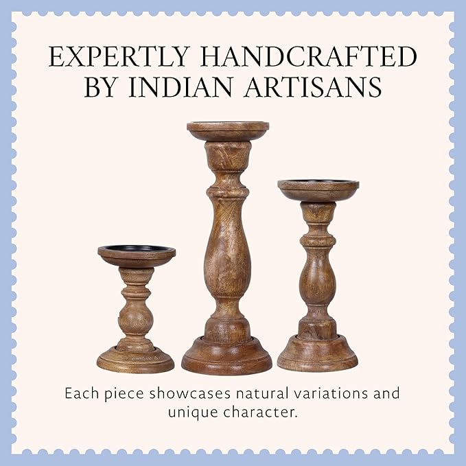 Mela Artisans 6”, 9” & 12” Mango Wood Pillar Candle Holder Set of 3 – Tuli Design Medium Polish – Wooden Candle Holders for Table, Mantel & Living Room Décor