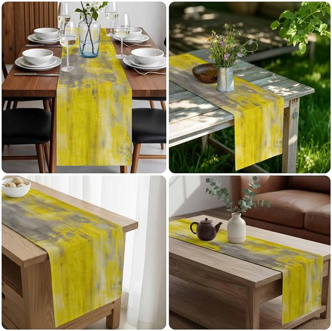 Vintage Yellow Short Table Runners 48 Inches, Cotton Linen Fabric Table Runner Dresser Scarf, Abstract Minimalist Painting Art Watercolor Tablerunner for Party/Kitchen/Dinner/Wedding Decor 13"x48"