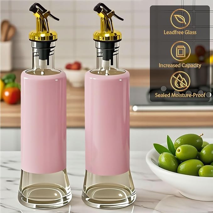 Miao’er Olive Oil Dispenser Bottle for Kitchen Set of 2, Golden Non-Drip & Leakproof Spout, One-handed Hold, With Pink Funnel for Easy Filling, 10OZ/300ML(PINK)