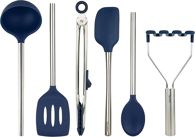 Tovolo Silicone Cooking Utensil Set of 6 Stainless Steel Handle Ladle Slotted Turner Tongs Flex Core Spatula Scraper Mixing Spoon & Potato Masher, Dishwasher Safe BPA Free Utensils, Deep Indigo