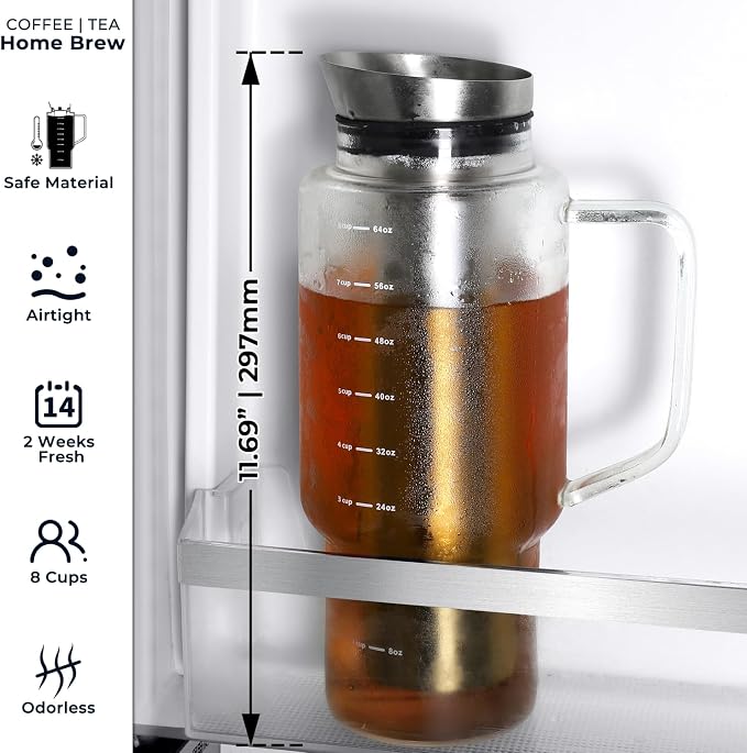 Aquach 68oz Cold Brew Coffee Maker, Borosilicate Glass Pitcher for Iced Tea | Dishwasher Safe, Up to 2 Weeks Fresh Aroma, Family Size, Refrigerator Fit, 304 Stainless Filter