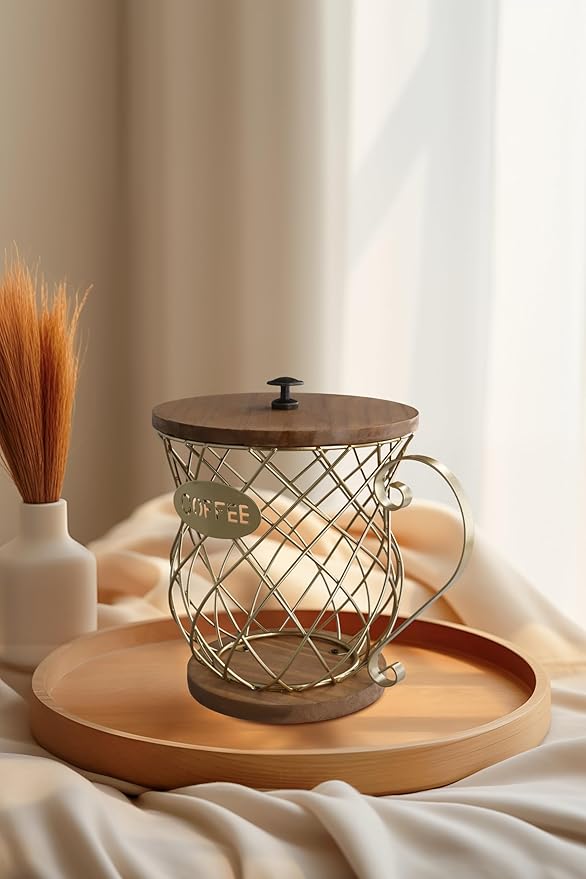 Gold Coffee Pod Storage Organizer with Lid and Handle - Large Capacity Coffee Capsules Holder for Home Office Countertop Decor