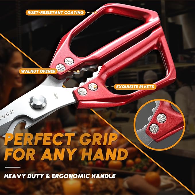 Huusk Kitchen Scissors Set Red - Japanese Kitchen Shears, Heavy Duty Poultry Shears, Sharp Meat Scissors for Food, Chicken Bones, and Turkey, Gifts for Women Men