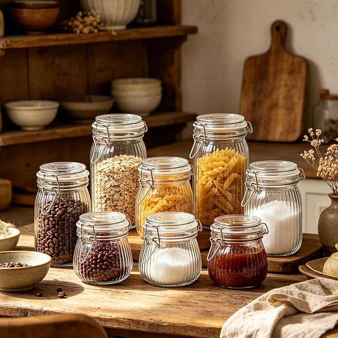 ComSaf 25oz Fluted Glass Mason Jars - Set of 6 Vintage Canisters with Airtight Lids for Sourdough Starter, Pickling, Coffee & Pantry Organization, Farmhouse Kitchen Decor