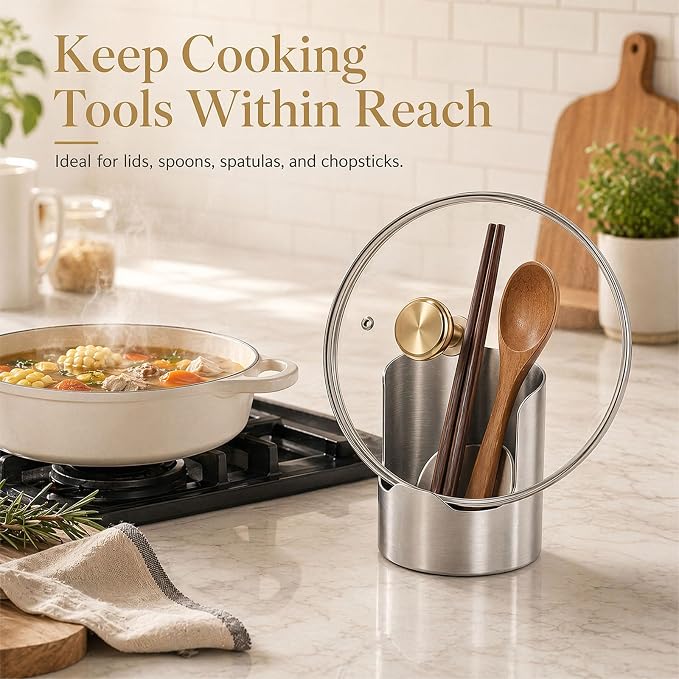 Multi-functional Kitchen Utensil Holder, Stainless Steel Cooking Utensil Holder for Countertop, Space-Saving Vertical Spoon Spatula Organizer for Pot Lids, Ladles, Spatulas & Cutting Boards (1Pcs)
