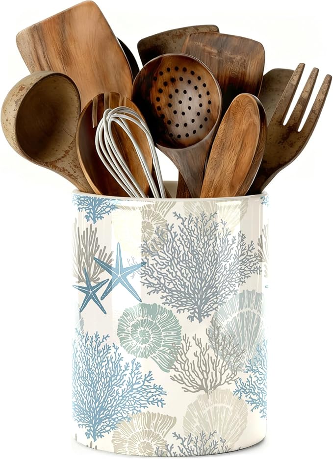 Coastal Utensil Holder, Sea Coastal Ceramic Kitchen Utensil Holder, Utensil Crock for Home Kitchen Countertop Storage Organizer Container, Large Holder for Spatulas, Spoons, Kitchen Counter Decor, 6"