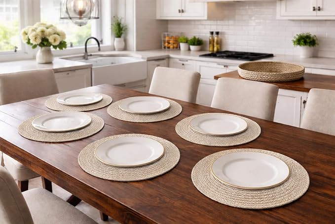 Round Placemats Set of 6 with Basket, 13" Cotton Woven Table Mats, Non-Slip Heat-Resistant, Washable Dining Chargers, Kitchen Hot Pads, Farmhouse Décor, Wedding & Holiday Use (Mix Brown)