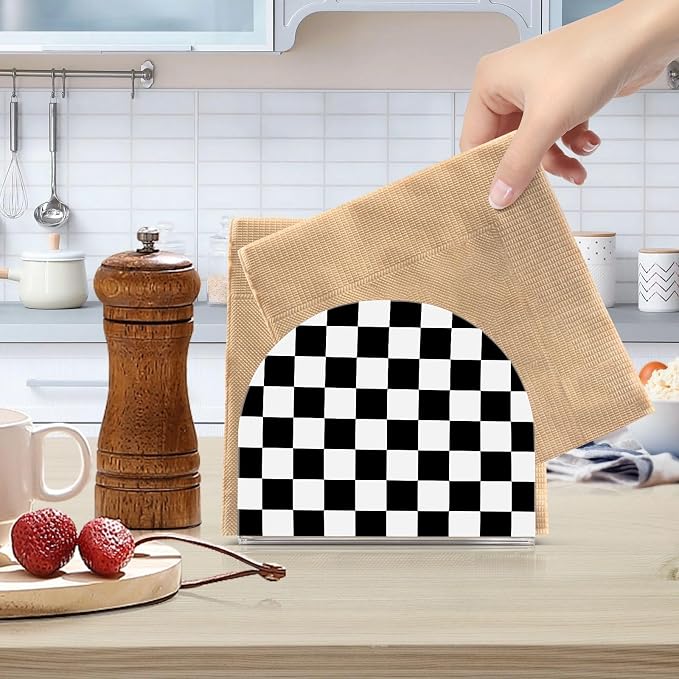 Napkin Holder Acrylic Napkin Holder for Table Kitchen Party Restaurant U Shaped Upright Napkin Dispenser Organizer Checkered Black and White