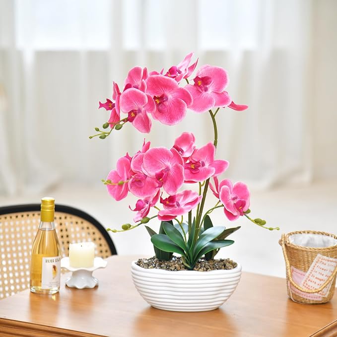 19" H Phalaenopsis Faux Orchid Plant Silk Orchid Centerpiece Artificial Floral Arrangement in Ceramic Pot (Rose Red)
