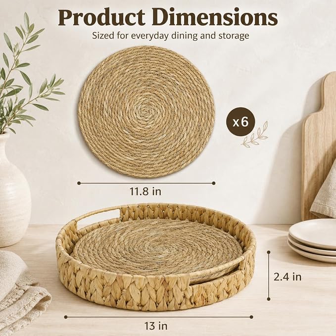 Woven Placemats Set of 6 with Water Hyacinth Basket, Round Natural Handwoven Place Mats Heat Resistant Table Mats for Dining Table Farmhouse Boho Kitchen Table Decor