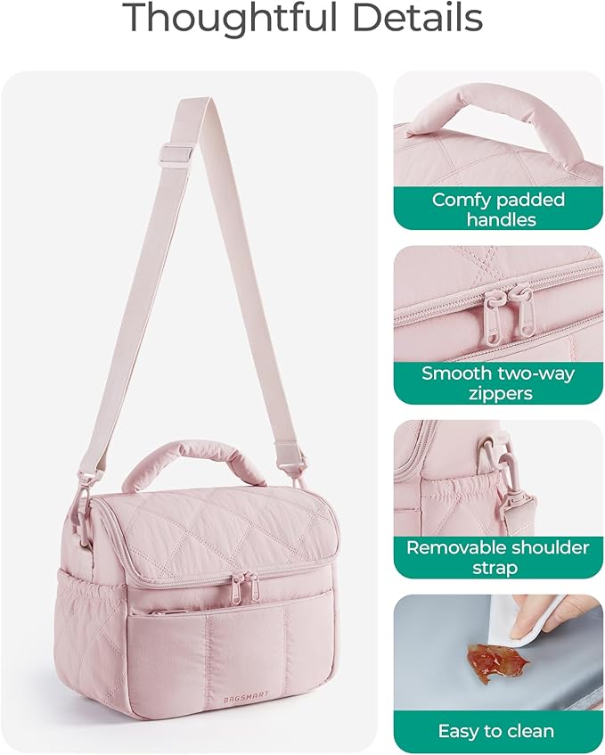 BAGSMART Insulated Lunch Bags for Women, Cute Quilted Lunch Box, Lightweight Puffy Padded Waterproof Lunch Tote, Reusable Lunch Cooler for Work Picnic Travel, Sage Green