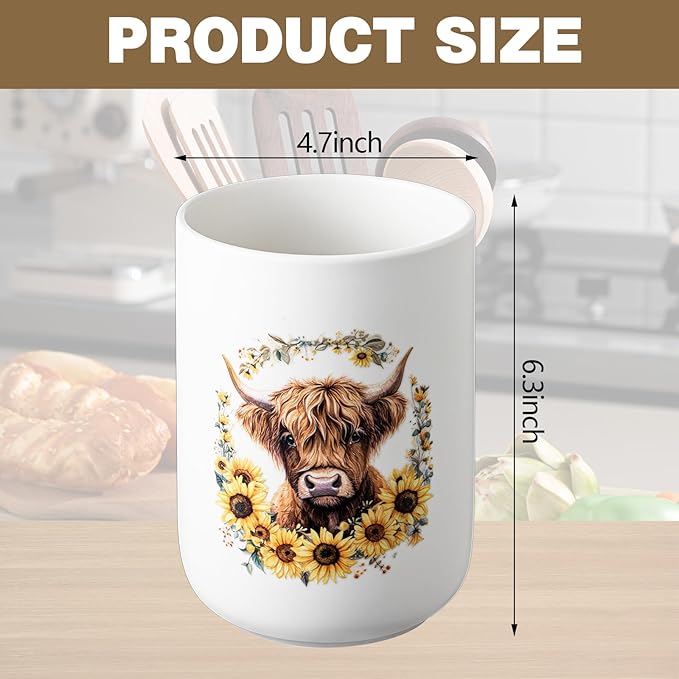 Sawysine Highland Cow Ceramic Utensil Holder Kitchen Crock Storage Accessories Decoration for Home Farmhouse Kitchen Countertop Storage Organizer Container Gifts