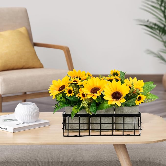 3 Potted Artificial Plants Flowers for Home Decor Indoor, Centerpiece Table Decorations for Dining Room and Coffee Table, Yellow
