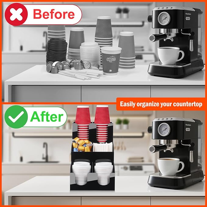 MYITYARD Coffee Station Organizer, 3-Tier Coffee Bar Accessories for Countertop, Acrylic Condiment and Cup Storage Organizer, 6 Compartments, Cup and Lid Holder for Pods, Syrup, Stirrer