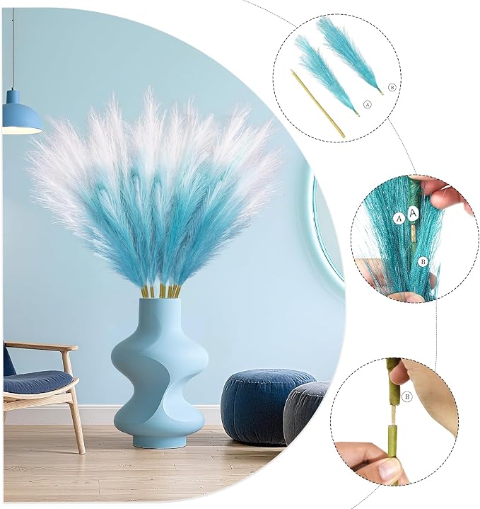TORONTOKYO 8Pcs Blue Faux Pampas Grass Tall Decor, 35.4” Fluffy Artificial Pompous Grass Branches, Large Pampas Grass Reed Stems for Floor Vase Filler, Wedding, Baby Shower, Home Boho Decor
