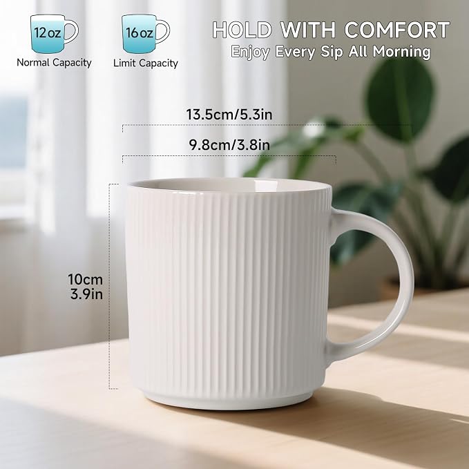 MONITO Coffee Mugs Set of 6, 16 oz Mugs Set, Ceramic Coffee Cups with Large Handles, Suitable for Lattes, Hot tea, Cappuccinos, Mochas and Cocoa,White
