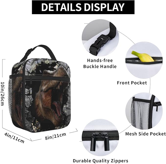 YETTA YANG 3d Dinosaur Trex Dino Portable Lunch Bag Insulated Lunch Box Reusable Totes For Women Men Work Picnic Camping
