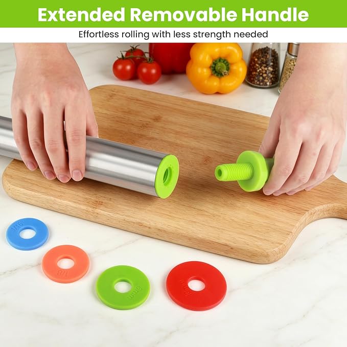 Stainless Steel Dough Roller Pins with Handle for Baking, Adjustable Rolling Pin with Thickness Rings for Cookie Decorating, Kitchen Baking Essential Tools for Fondant Cake Baker Pizza Cookie