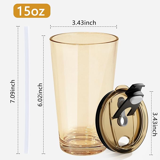 15oz Iced Coffee Glass Cup Set of 2 with Lid Straw Thick Leak Proof Drinking Glasses Tumbler for Gift Cold Drink Smoothie Boba Tea(Amber & Clear)