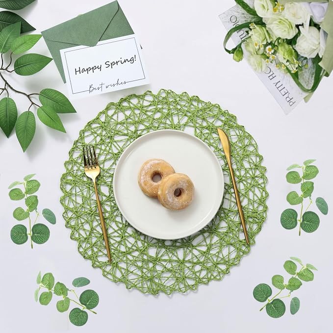 IcosaMro Grass Green Round Placemats Set of 6 for Dining Table, 15 Inch Paper Woven Boho Decorative Circle Place Mat for Wedding Christmas Thanksgiving Day Holiday Dinner, Grass Green