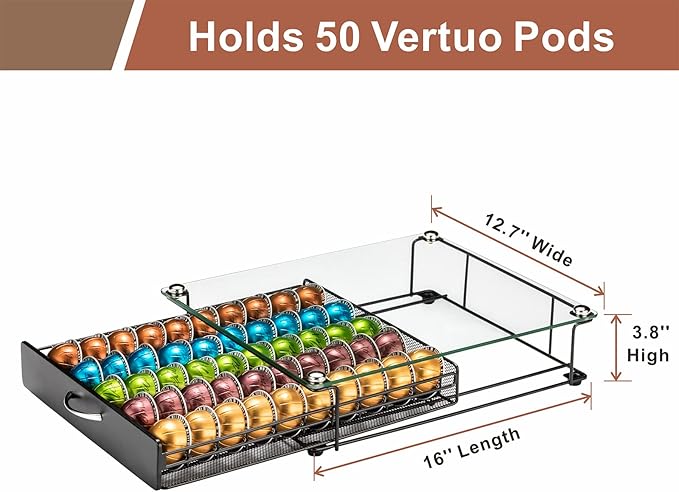 Coffee Vertuo Capsule Holder Drawer for Nespresso With Glass For Cabinet Vertuoline Pod Storage Rack For Counter (Class-50 Pods（With handle）)