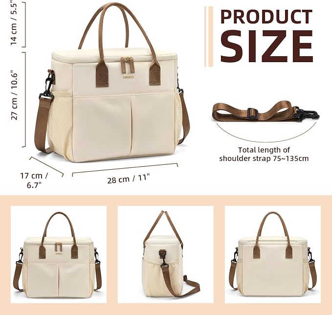 MDODO Large Insulated Lunch Bags for Women Men Adult Lunch Box with Shoulder Strap for Work,Picnics,Outings (Beige)