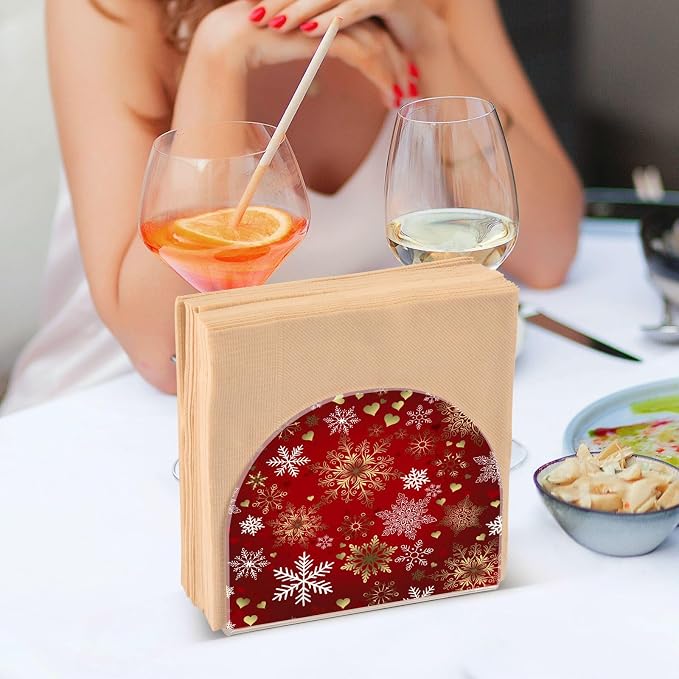 Red Gold Snowflakes Christmas Napkin Holder for Tables Paper Cocktail Napkin Holders for Kitchen and Dinning, Acrylic Dinner Napkin Dispenser for Restaurant Home Decor Bar Accessories 1 Pack