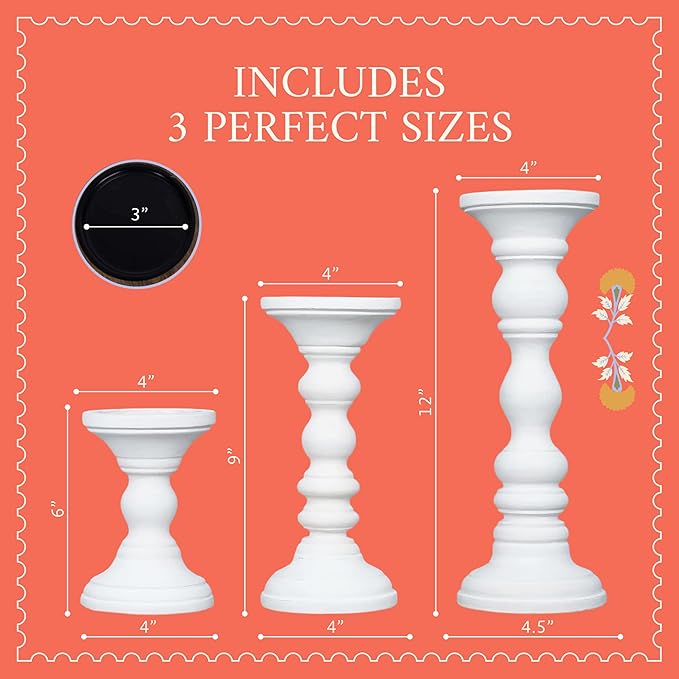 Mela Artisans 6”, 9” & 12” Mango Wood Pillar Candle Holder Set of 3 – Willow Design Matte White – Wooden Candle Holders for Table, Mantel & Living Room Décor