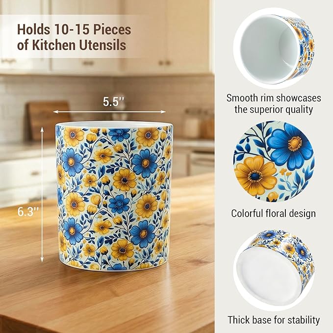 MyGift Vibrant Blue and Yellow Floral Ceramic Kitchen Utensil Holder – Decorative Crock for Cooking Utensils, Flatware, and Countertop Storage