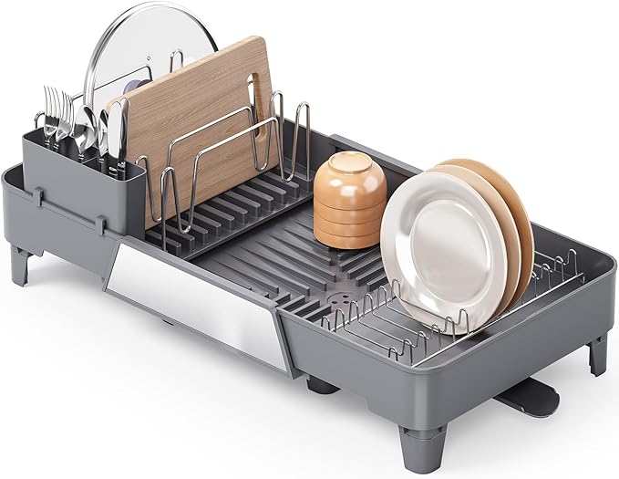 Urackify Extendable Dish Drying Rack, Stainless Steel Dish Drainer for Kitchen Counter, Expandable 15.3" to 22.6" Dish Rack with Large Drainboard and Utensil Holder, Countertop Kitchen Storage, Gray