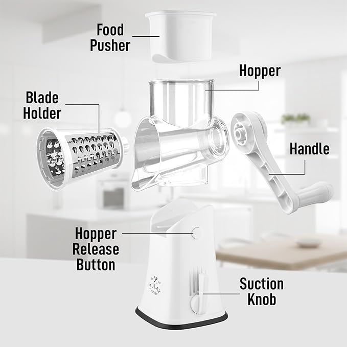 Zulay Kitchen Rotary Cheese Grater 5 Blade Cheese Shredder - Manual Hand Crank Cheese Grater With Reinforced Suction & 5 Interchangeable Drums - Easy to Use, Vegetable Chopper Round Mandoline Slicer