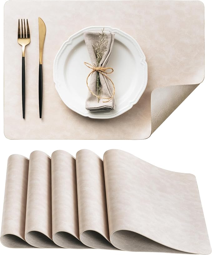 Placemats Set of 6, DOLOPL Reversible Dual-Color Faux Leather Place Mats 17"x11.8"– Waterproof, Heat Resistant, Washable & Wipeable, Luxury Retro Style for Kitchen, Dining Table (Beige & Light Grey)