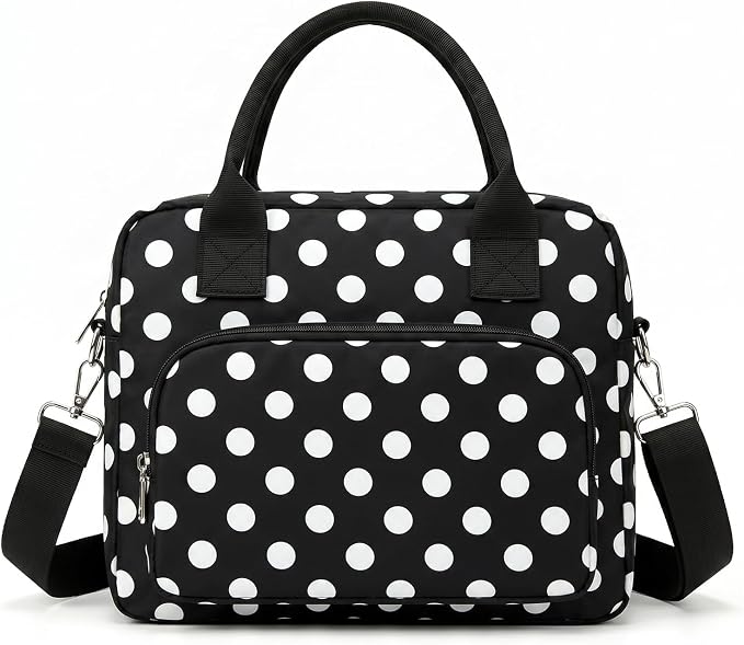 Insulated Lunch Bag for Women, Cute Polka Dot Large Capacity Leakproof Portable Thermal Lunch Box with Adjustable Shoulder Strap, Reusable Cooler Lunchbox Tote for Work Office Travel Picnic, Black,Big