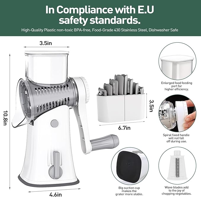 APSARAS USA Cheese Grater Hand Crank, Rotary Cheese Grater, 5 in 1 Rotary Grater, Cheese Shredder Replaceable Stainless Blades with Strong Suction Base, Easy to Clean Kitchen Gadgets with Storage Box