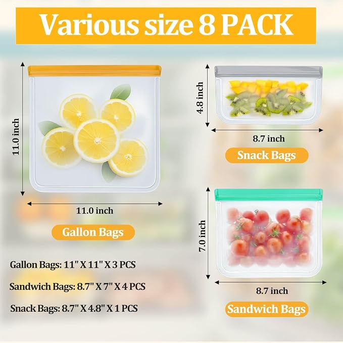 Reusable Freezer Bags Food Storage Bags for Meal Prep Containers, BPA Free Food Storage Bags, Leakproof Reusable Food Bags Dishwasher Safe for Salad Fruit, Vegetables, 3 Gallon 4 Sandwich 1 Snack