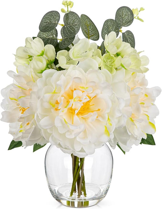 Hollyone White Peonies Artificial Flowers Peony Fake Flowers in Vase Silk Flower Arrangements with Glass Vase with Faux Water for Home Decor Bathroom Coffee Table Centerpiece Shelf Decorations