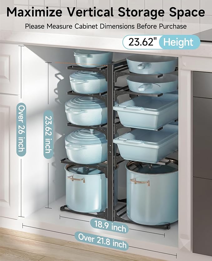MUDEELA Pots and Pans Organizer Rack under Cabinet 23.62" Height, 10-Tier Adjustable Heavy Duty Pot and Pan Organizer Rack inside Cabinet for Kitchen Organizer Cast-iron Pans, Heavy Cookware