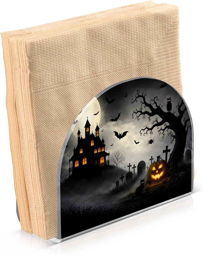 Spooky Halloween Napkin Holder for Tables Paper Cocktail Napkin Holders for Kitchen and Dinning, Acrylic Dinner Napkin Dispenser for Restaurant Home Decor Bar Accessories 2 Pack