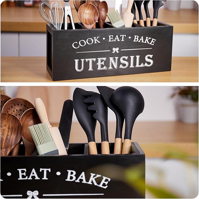 WDT Tool Utensil holder for Kitchen Counter Large Round Utensils Holder with Wooden Base Matte Black Cooking Utensil Holder，Kitchen countertop Utensil Organize (Black-4 Compartments)